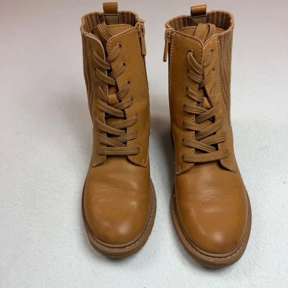 Sam Edelman Kids Tan Leather Ribbed Knit Combat Boots Side Zip Lug Sole Size 4